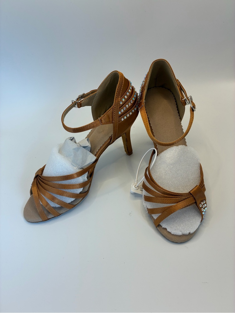 Dance and Sway Custom Satin Ballroom Dance Shoes Bronze Rhinestone Strappy Heels